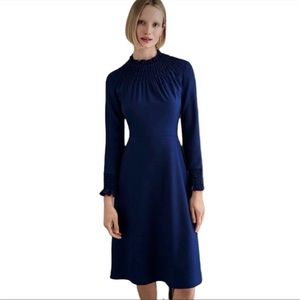 The Fold London Highclere High Neck Ruffle Wool Crepe Long Sleeve Dress